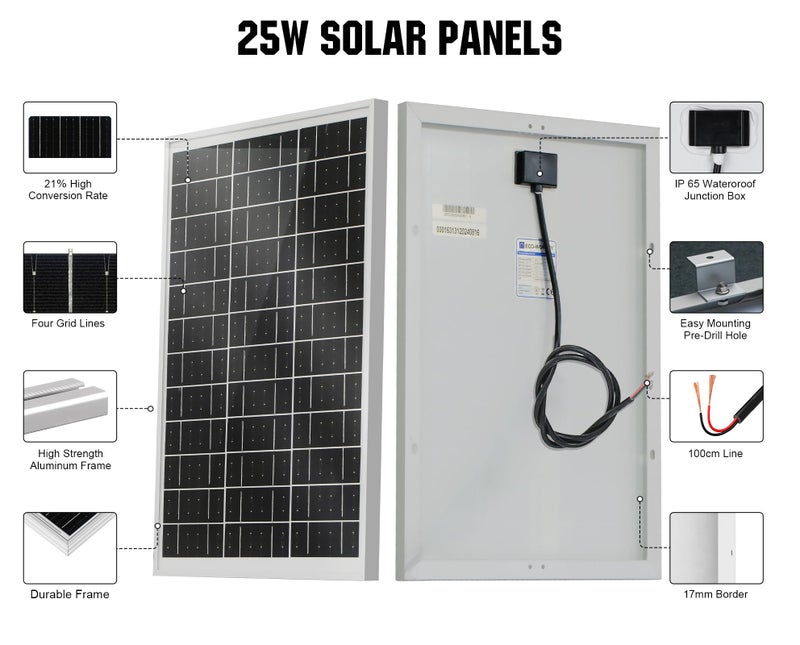 ECO-WORTHY Solar Panel 25W 18V Monocrystalline Waterproof Panel for Charging 12V Battery of RV Boat Trailer ATV Car or Powering Light, Charing 12V Battery Pack and Other Off-Grid Applications - Image 4
